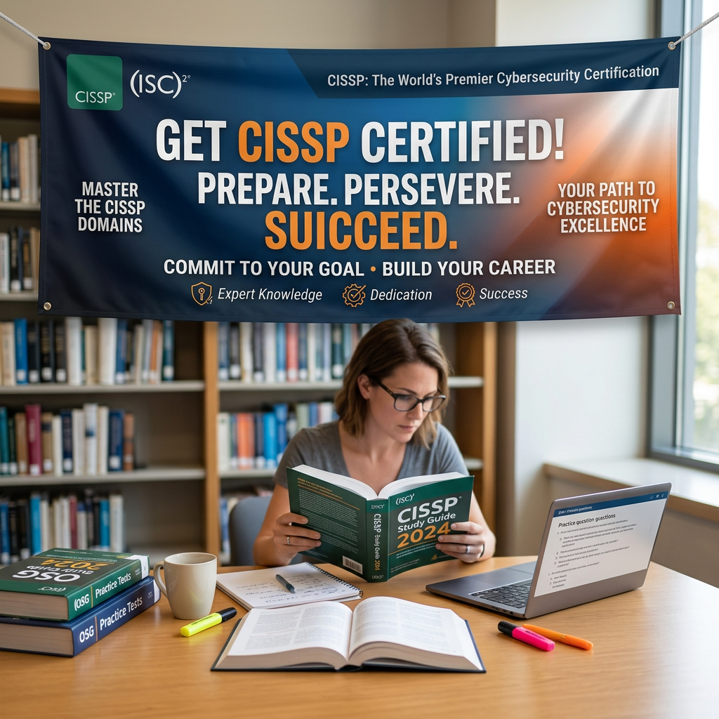 Person reading CISSP Study Guide 2024 with CISSP preparation banner overhead
